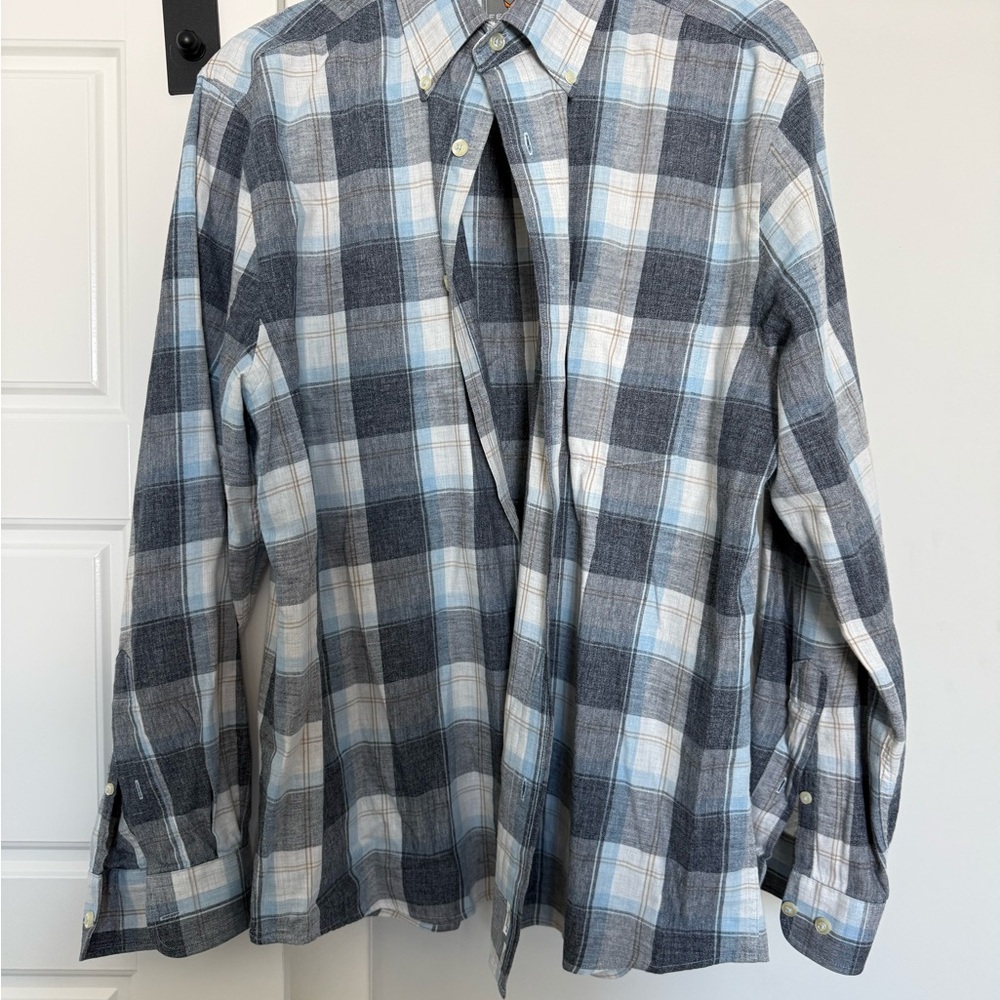 Fennec Men's Blue and Gray Plaid Casual Button Down Shirt